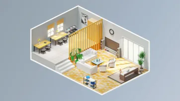 Formal dining room interior with dining table, chairs and elegant residential furniture in isometric 3D low poly design