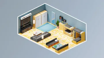 Entertainment and game room interior with pool table, seating area, storage and recreational furniture in 3D isometric style