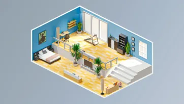 Bedroom with study area featuring bed, desk, exercise equipment and modern residential furniture in 3D isometric low poly design