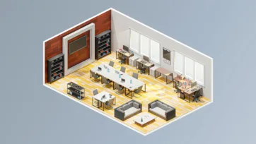 Modern coworking office space interior with multiple workstations, meeting areas and contemporary office furniture in isometric 3D view
