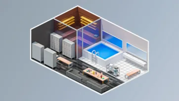 Luxury spa and wellness center interior with sauna, pool area, changing room and relaxation spaces in 3D isometric low poly style