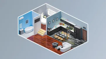 Multi-room apartment interior showing bathroom, kitchen and living areas with modern fixtures and furniture in isometric 3D design