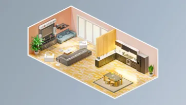 Modern open plan living room and kitchen interior with contemporary furniture, dining area and home appliances in 3D isometric style