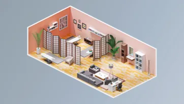 Japanese-inspired living room interior with traditional screen dividers, low furniture, plants and modern elements in 3D isometric design