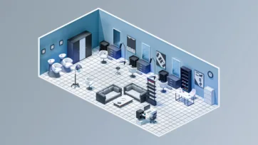 Hair salon or barbershop interior 3D scene with styling chairs, mirrors, equipment and professional salon furniture in isometric view