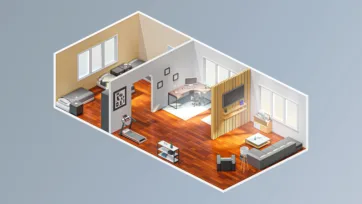 Professional office workspace interior with desk, computer equipment, filing cabinets and modern business furniture in 3D isometric style