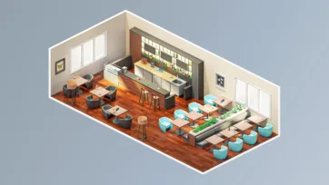 Spacious cafe and restaurant interior with multiple seating areas, bar counter and modern dining furniture in 3D isometric design
