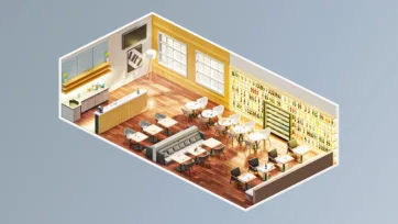 Large restaurant and bar interior 3D scene with dining tables, bar counter, wine display and modern commercial furniture in isometric view