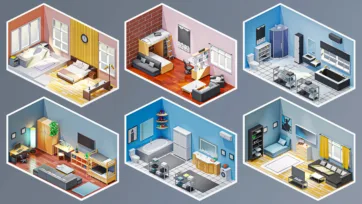 Apartment interior 3D scenes showing bedroom, bathroom, home office, living room and study spaces in isometric low poly art style