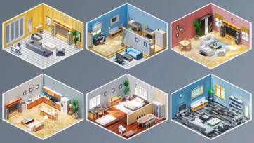 Six modern 3D isometric interior rooms including bedrooms, home office, kitchen and living areas with contemporary furniture and decor