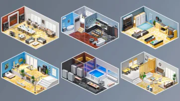 Isometric 3D residential interior designs featuring kitchen, bedroom, bathroom, home office and luxury spa areas with modern furnishing