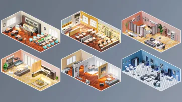 Six isometric 3D interior scenes showing commercial spaces including modern restaurant, bar, office workspace and retail environments in low poly style