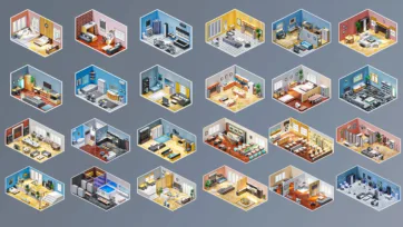 Collection of 24 isometric low poly 3D interior room designs including bedrooms, kitchens, offices and living spaces in colorful modern style