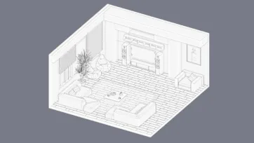 Detailed wireframe line drawing of modern living room interior showing furniture placement and architectural elements in technical illustration style