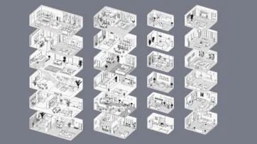 Black and white wireframe line art collection showing detailed room layouts and interior designs in technical drawing style