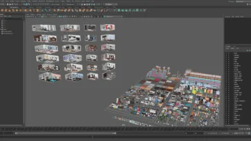 Maya 3D software interface displaying Interior 7 furniture and room assets with comprehensive modeling tools and design workspace