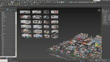 3ds Max software interface showcasing Interior 7 asset collection with room designs and furniture library for professional 3D architectural visualization