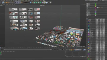 Cinema 4D software interface displaying Interior 7 3D models with room layouts and furniture assets organized in professional modeling environment
