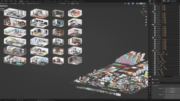 Blender 3D modeling software interface showing Interior 7 asset library with room previews and comprehensive furniture collection workspace