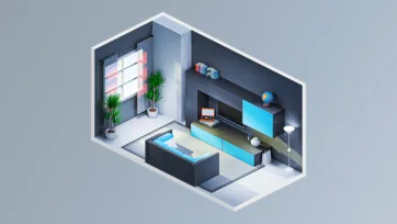 Modern living room design featuring blue accent furniture, entertainment center, large windows and contemporary color scheme