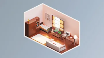 Cozy bedroom office combination with warm orange tones, modern furniture, work desk area and comfortable seating arrangement