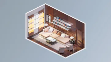 Luxury living room with brown wood paneling, beige sectional sofa, built-in entertainment center and sophisticated lighting