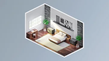 Contemporary bedroom interior featuring gray walls, brick accent wall, modern bed frame, built-in desk area and minimalist decor