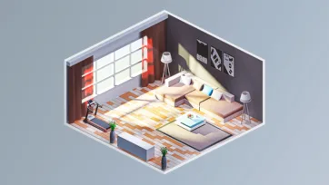 Stylish modern bedroom with warm wood tones, contemporary furniture, geometric rugs, large windows and artistic wall decor