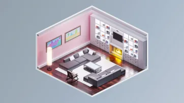 Sophisticated home library with pink walls, gray sectional sofa, built-in bookshelves, fireplace and contemporary artwork
