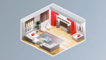 Modern entertainment room featuring white seating, red accent wall, built-in shelving, floor-to-ceiling windows and yellow wood accents