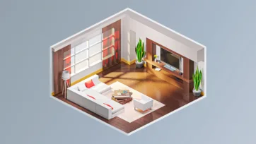 Elegant contemporary living room with white sectional sofa, wooden flooring, red accent wall, modern TV unit and decorative plants