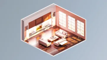 Warm contemporary home interior with fireplace, modern furniture, large windows and inviting living space design