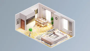 Cozy modern apartment interior with dining area, living room, contemporary furniture and warm yellow wood flooring