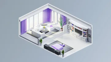 Luxury modern living space with purple accents, contemporary furniture, entertainment center and sophisticated interior design