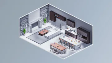 Sleek contemporary interior with modern kitchen, dining area, living space and stylish furniture in neutral color palette