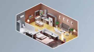 Modern studio apartment design with integrated kitchen, living area, bedroom space and contemporary furniture in brown and yellow tones