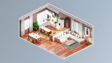 Spacious family home interior featuring modern kitchen with island, dining area, living room and contemporary furniture arrangement
