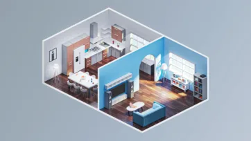 Compact apartment interior layout with efficient kitchen, dining area, living space and modern furniture in blue and white color scheme