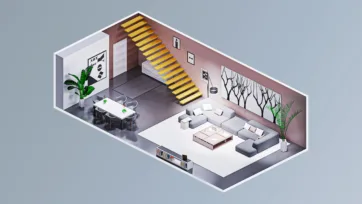 Minimalist modern home interior with open concept living, yellow staircase, contemporary furniture and clean architectural lines