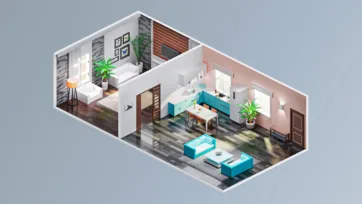 Contemporary home interior with open floor plan featuring modern kitchen, living area, dining space and stylish turquoise accents