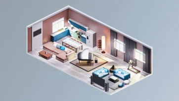 Luxury apartment living space with modern kitchen, elegant dining area, comfortable seating and sophisticated interior design