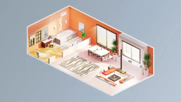 Bright family home interior with open dining and living areas featuring modern furniture, large windows and warm orange accent walls