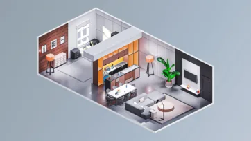 Spacious modern loft interior design with open kitchen, living area, office space and contemporary furniture in neutral tones