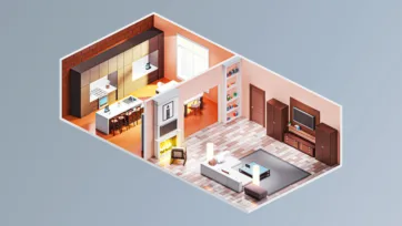 Large isometric open concept apartment interior with kitchen island, dining area, living room and modern furniture in warm color palette
