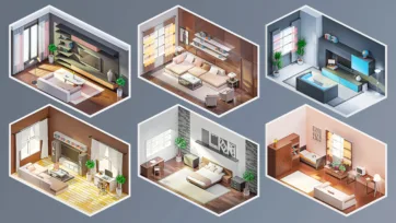 Isometric view of six elegant interior spaces including living rooms, bedrooms and offices with modern furniture and sophisticated design
