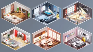 Six isometric interior room designs featuring modern living spaces with contemporary furniture, accent walls and decorative elements