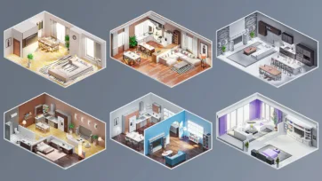 Collection of six 3D isometric interior spaces showing contemporary home designs with modern furniture and architectural details