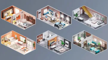 Six isometric modern apartment and home interior layouts featuring contemporary furniture, open floor plans and stylish color schemes