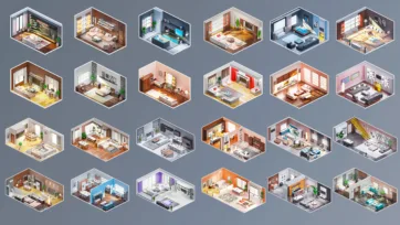 Isometric 3D low-poly interior room collection showing 24 different residential spaces including living rooms, bedrooms, kitchens and offices in modern design styles