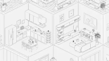Detailed wireframe technical view of 3D low poly kitchen and living room scenes showing mesh construction